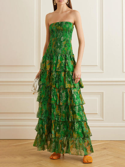 Robe longue bustier étagée à imprimé floral