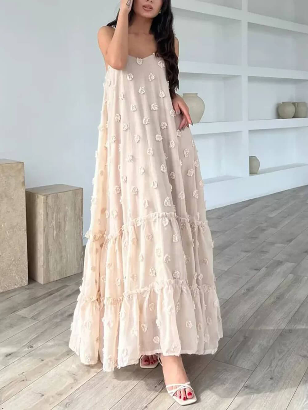 Robe longue ample évasée superposée à imprimé floral