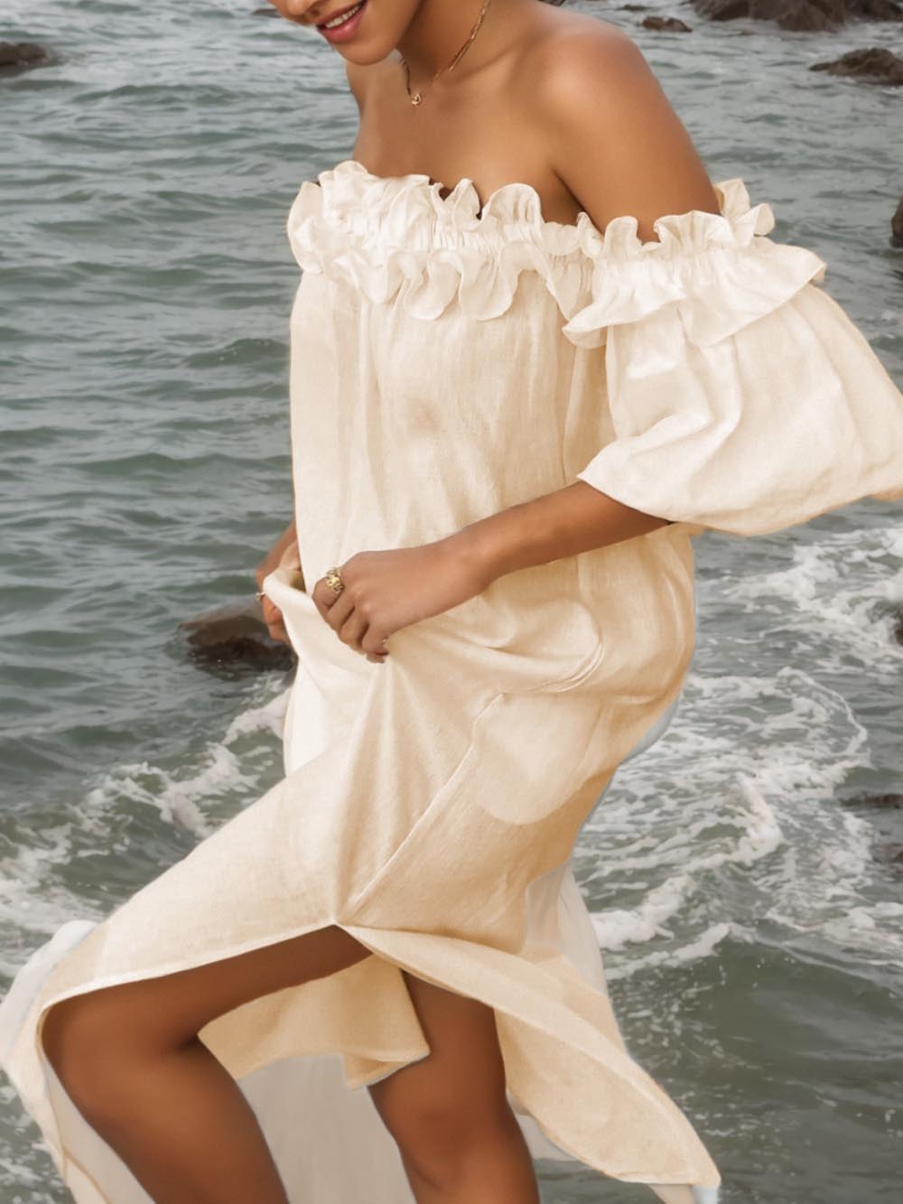 Robe midi à volants, épaules dénudées, manches bouffantes et poches