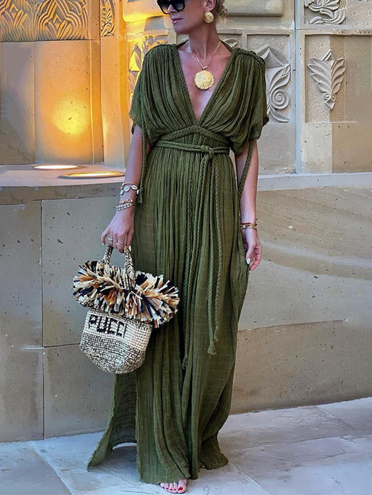 Robe longue fendue coupe kimono tressée