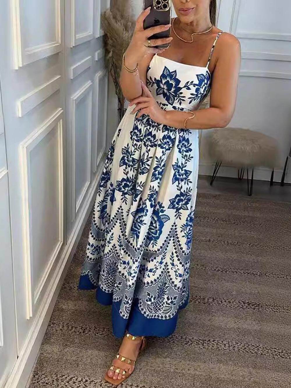 Robe midi ample smockée au dos à imprimé floral ethnique