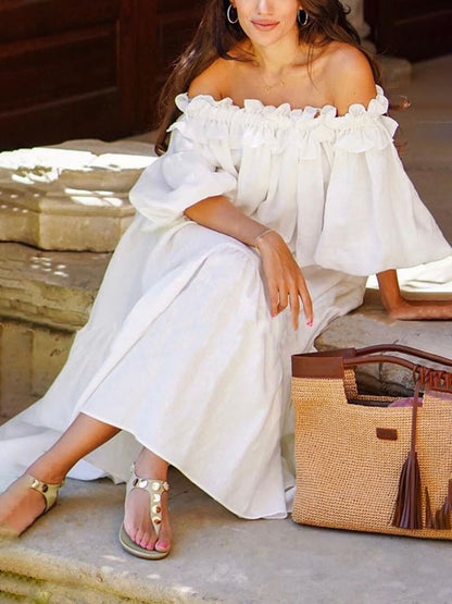 Robe midi à volants, épaules dénudées, manches bouffantes et poches