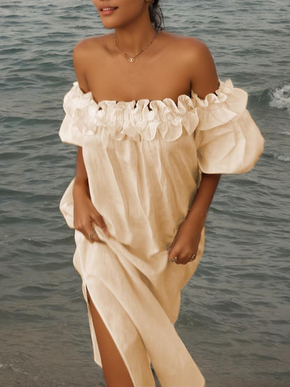 Robe midi à volants, épaules dénudées, manches bouffantes et poches