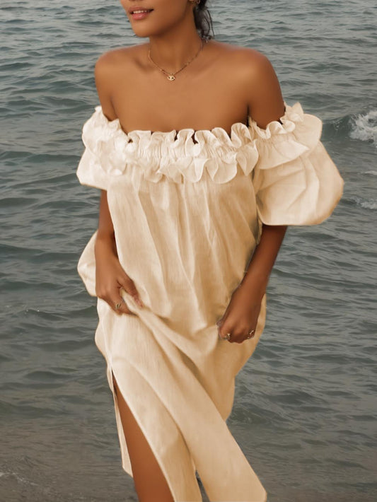 Robe midi à volants, épaules dénudées, manches bouffantes et poches