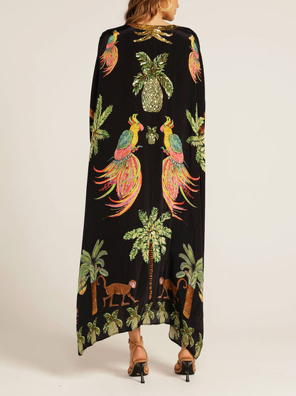Robe Unique à Imprimé Arbre de Noix de Coco et Manches Tombantes