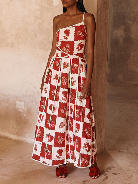 Robe longue évasée à imprimé floral, coupe asymétrique sur une épaule