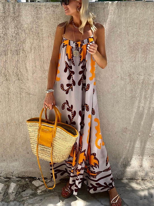 Robe longue ample à imprimé ethnique et fines bretelles