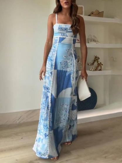 Robes longues évasées à licou et dos nu, avec bretelles licou et imprimé patchwork en dentelle