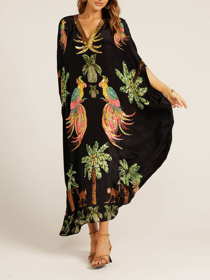 Robe Unique à Imprimé Arbre de Noix de Coco et Manches Tombantes