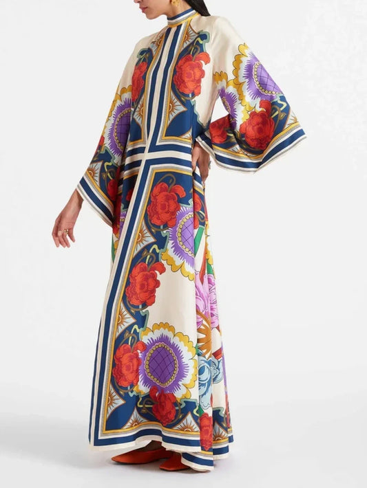 Magnifique robe longue à imprimé floral, manches cascade et drapé