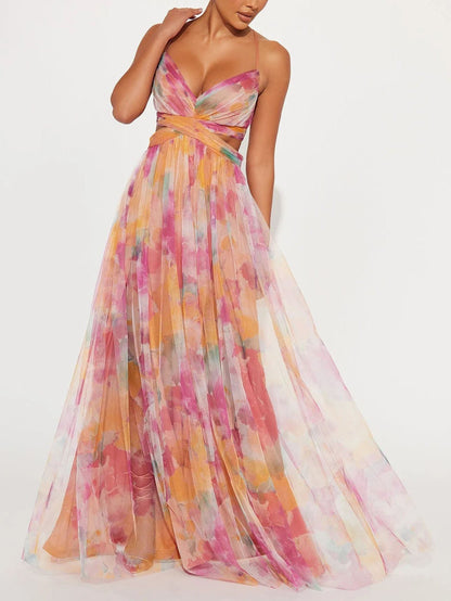 Robe longue trapèze élégante à col en V et imprimé floral peint
