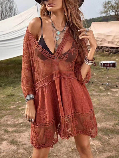 Robe de plage bikini décontractée en dentelle ajourée