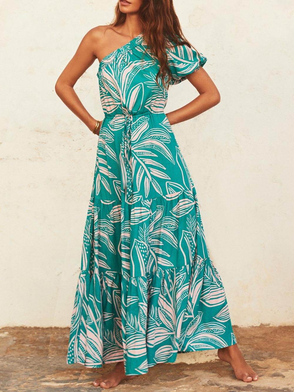 Robe florale style vacances à imprimé feuilles de palmier à épaules dénudées