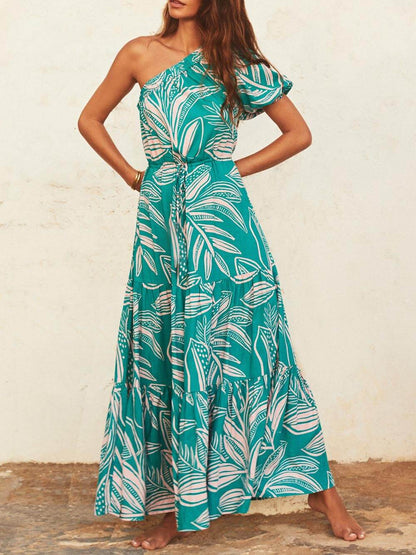 Robe florale style vacances à imprimé feuilles de palmier à épaules dénudées
