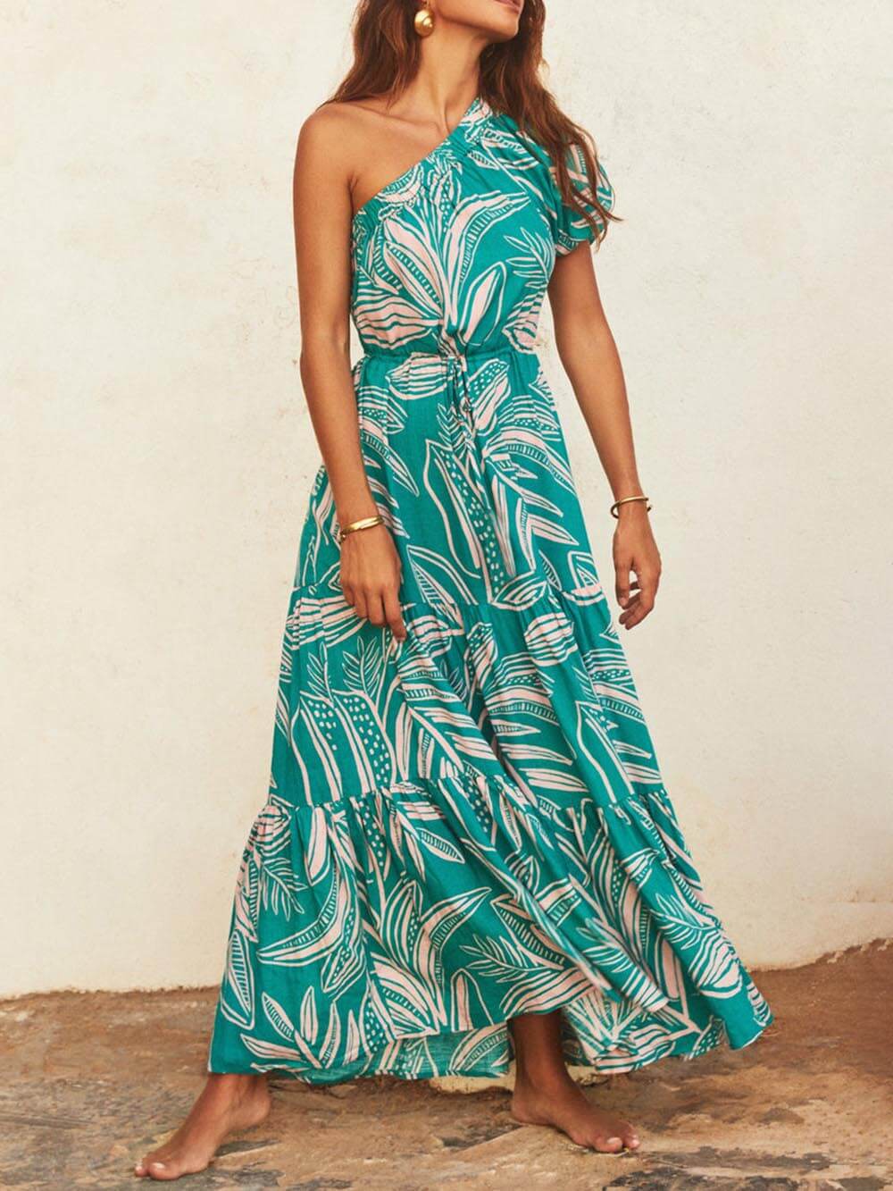 Robe florale style vacances à imprimé feuilles de palmier à épaules dénudées
