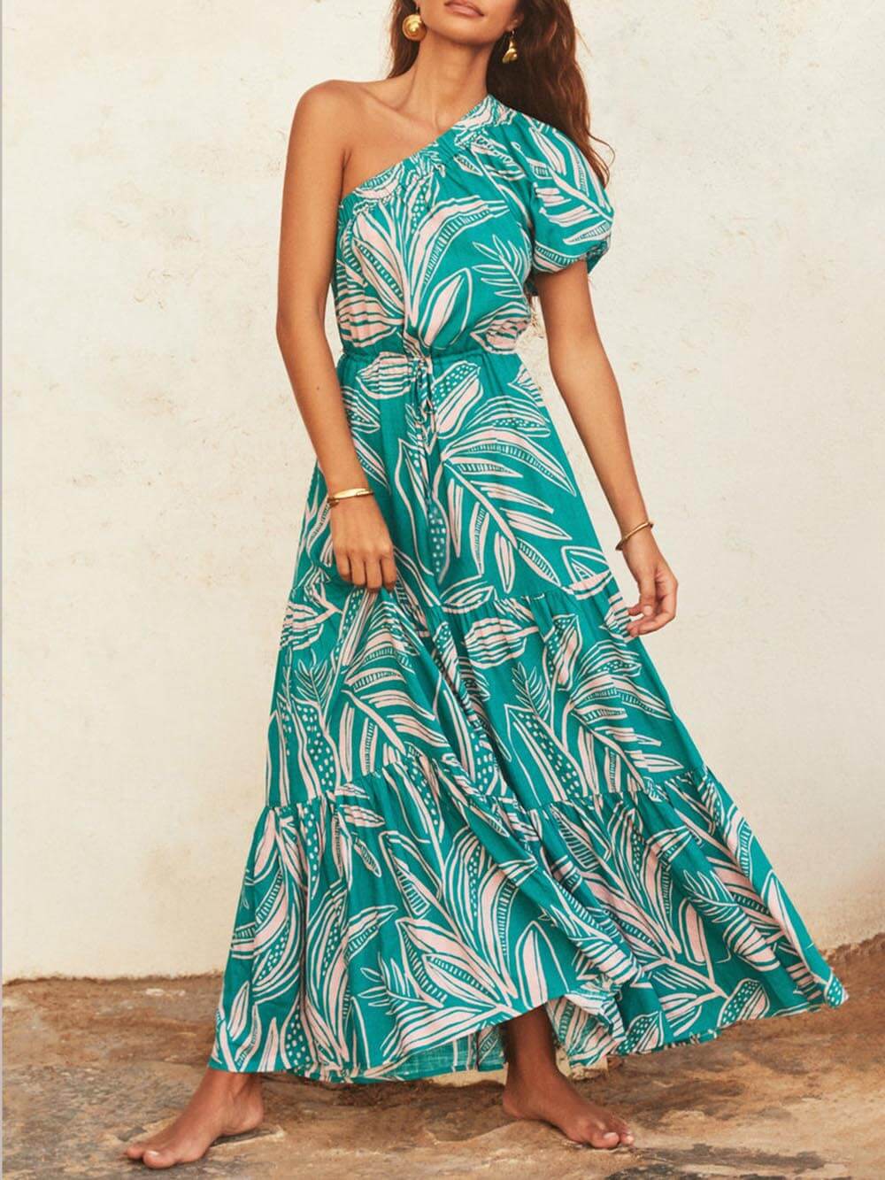 Robe florale style vacances à imprimé feuilles de palmier à épaules dénudées