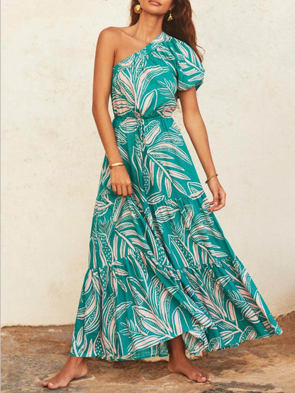 Robe florale style vacances à imprimé feuilles de palmier à épaules dénudées