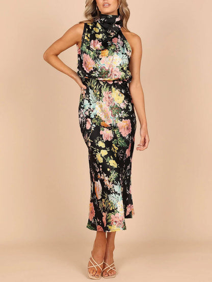 Robe longue fleurie à encolure dos-nu et taille élastiquée