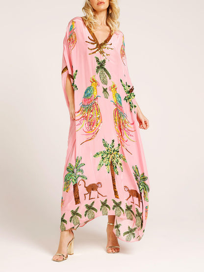 Robe Unique à Imprimé Arbre de Noix de Coco et Manches Tombantes