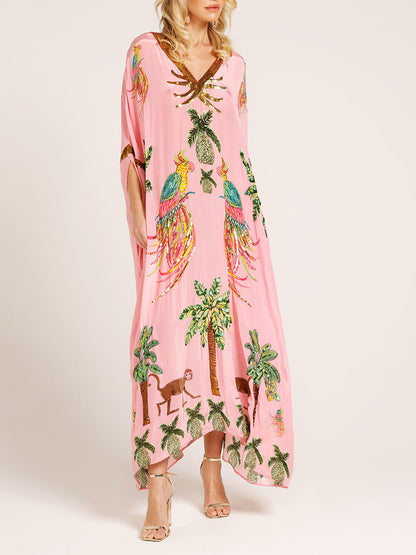 Robe Unique à Imprimé Arbre de Noix de Coco et Manches Tombantes
