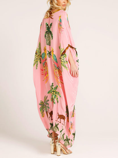 Robe Unique à Imprimé Arbre de Noix de Coco et Manches Tombantes