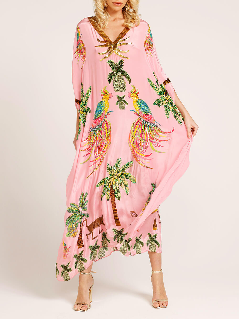 Robe Unique à Imprimé Arbre de Noix de Coco et Manches Tombantes
