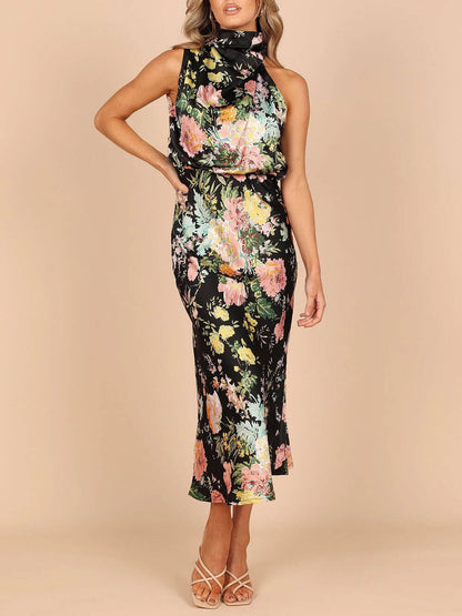 Robe longue fleurie à encolure dos-nu et taille élastiquée
