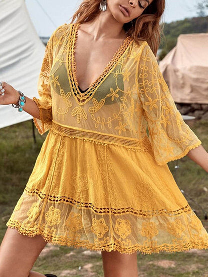 Robe de plage bikini décontractée en dentelle ajourée
