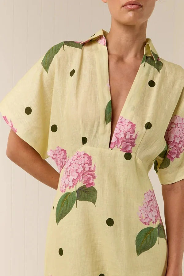 Robe longue chemise manches larges à imprimé pois et fleurs en lin mélangé Jasmine