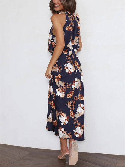 Robe longue fleurie à encolure dos-nu et taille élastiquée