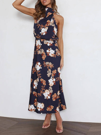 Robe longue fleurie à encolure dos-nu et taille élastiquée