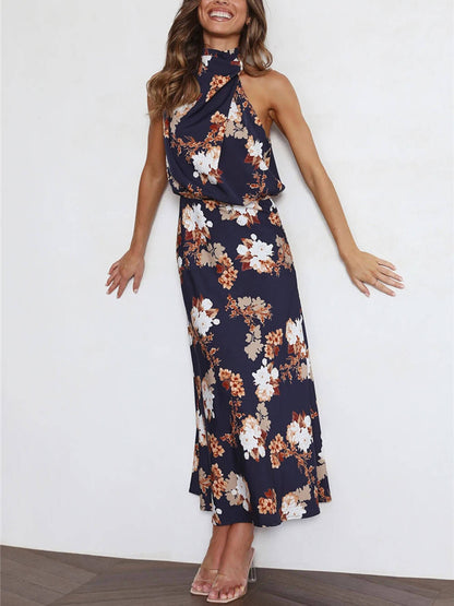 Robe longue fleurie à encolure dos-nu et taille élastiquée