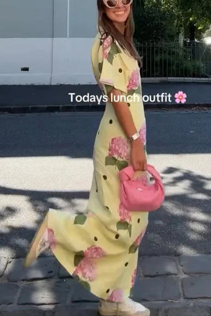 Robe longue chemise manches larges à imprimé pois et fleurs en lin mélangé Jasmine