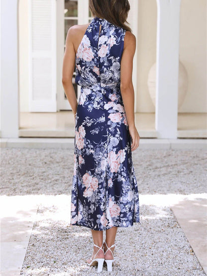 Robe longue fleurie à encolure dos-nu et taille élastiquée
