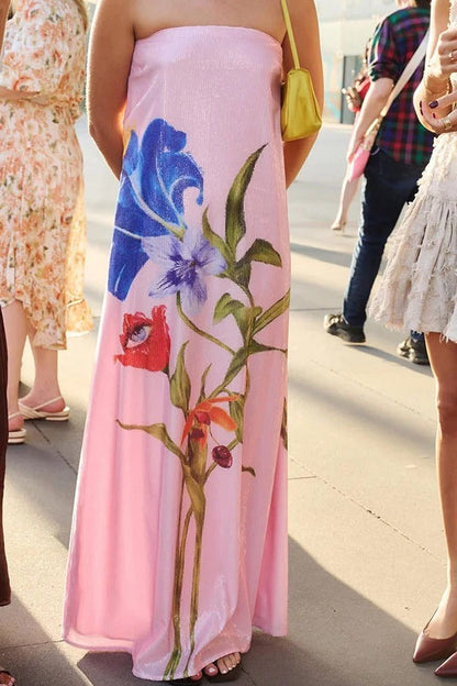 Robe longue de soirée à épaules dénudées avec paillettes et imprimé floral, coupe trapèze