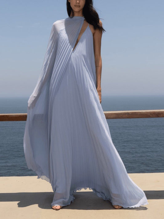 Élégante robe longue plissée fluide à col en V