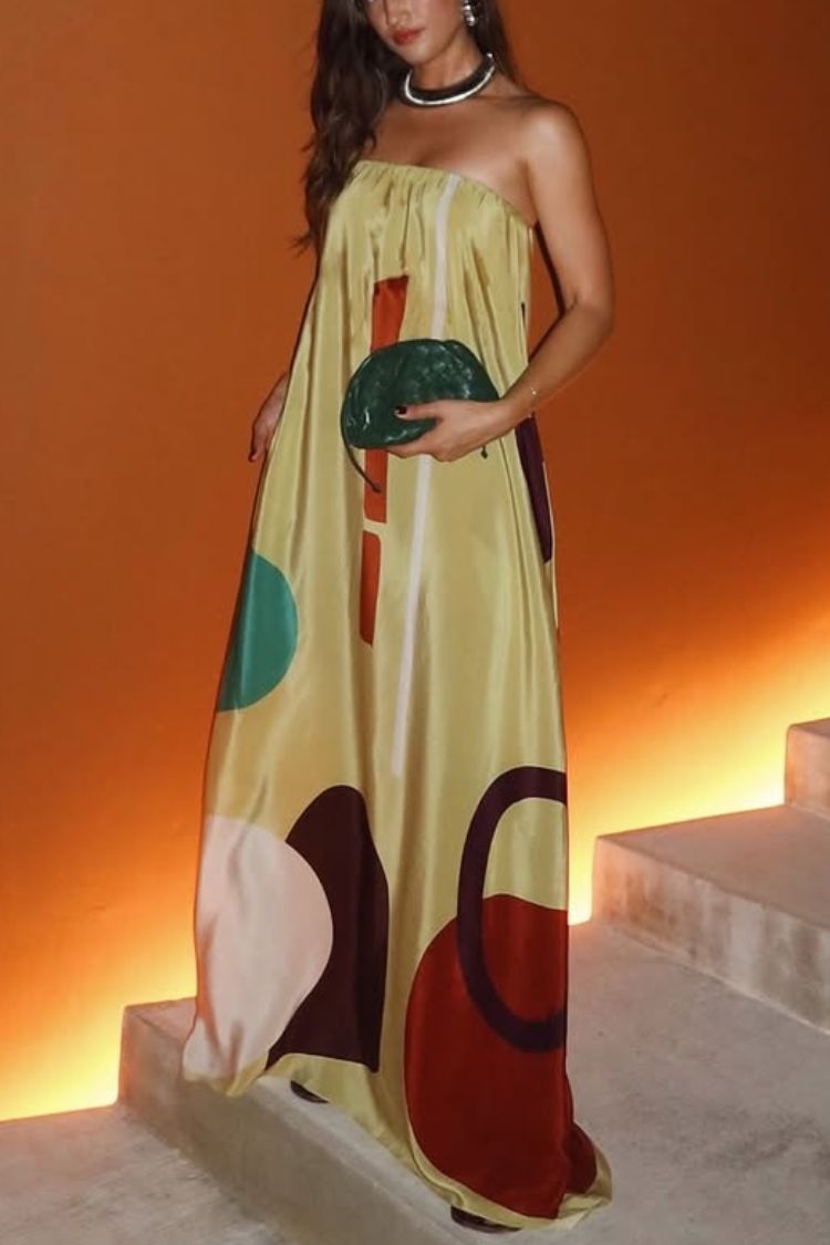 Robe longue ample à imprimé unique, épaules dénudées et poches Miss Me Satin