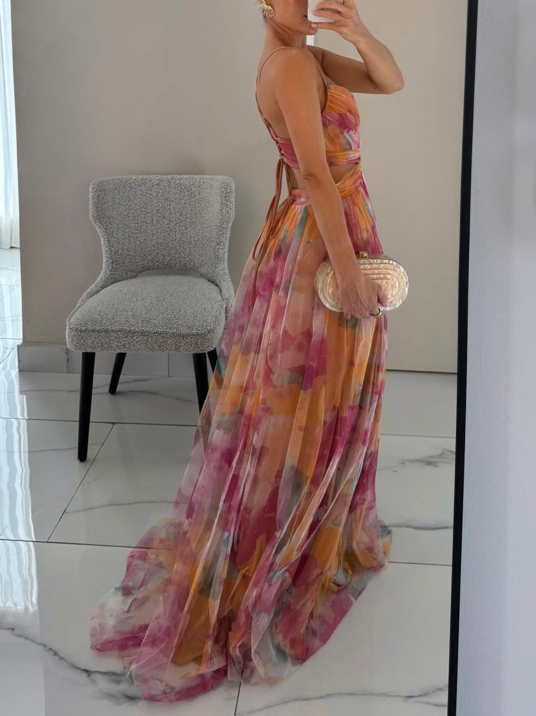 Robe longue trapèze élégante à col en V et imprimé floral peint