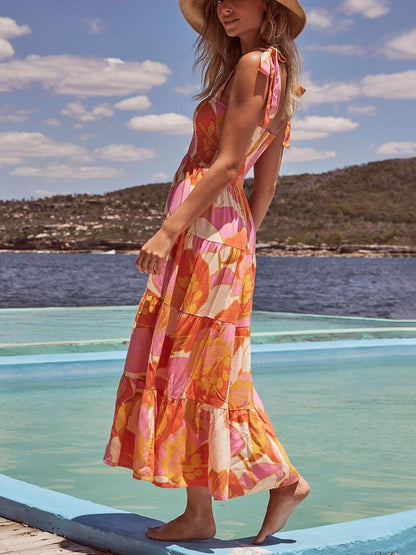 Robe caraco plissée sans manches à imprimé poitrine « Charme Marin » en tissu stretch