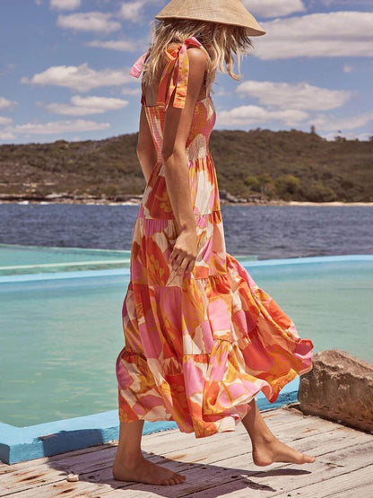 Robe caraco plissée sans manches à imprimé poitrine « Charme Marin » en tissu stretch