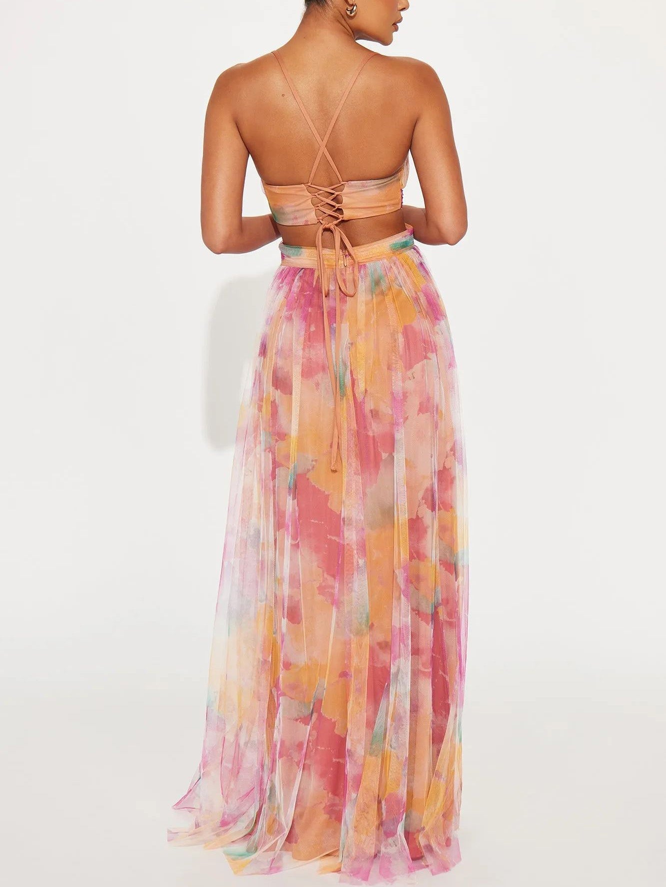 Robe longue trapèze élégante à col en V et imprimé floral peint