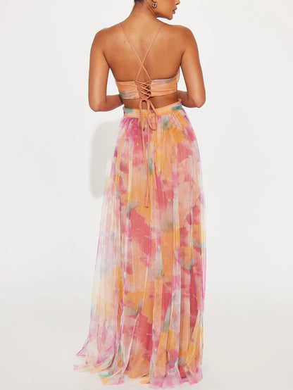 Robe longue trapèze élégante à col en V et imprimé floral peint