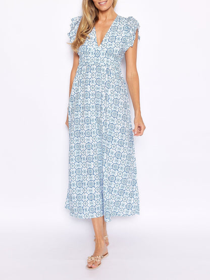 Robe longue à manches flottantes et col en V médaillon bleu