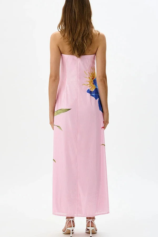 Robe longue de soirée à épaules dénudées avec paillettes et imprimé floral, coupe trapèze