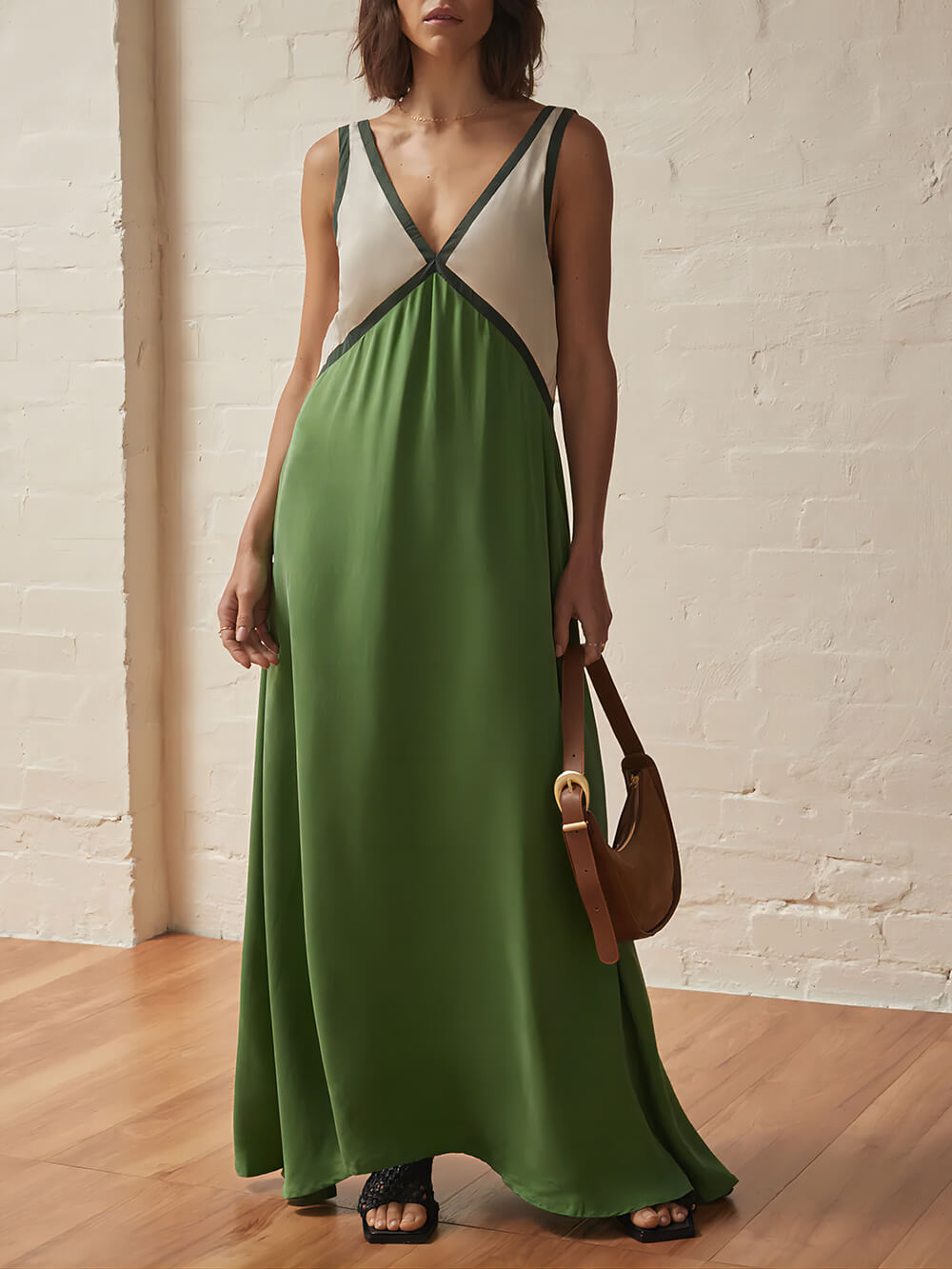 Robe Chic Col V à Couture Couleur Contrastante
