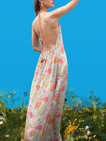Robe longue dos nu à imprimés dessinés à la main