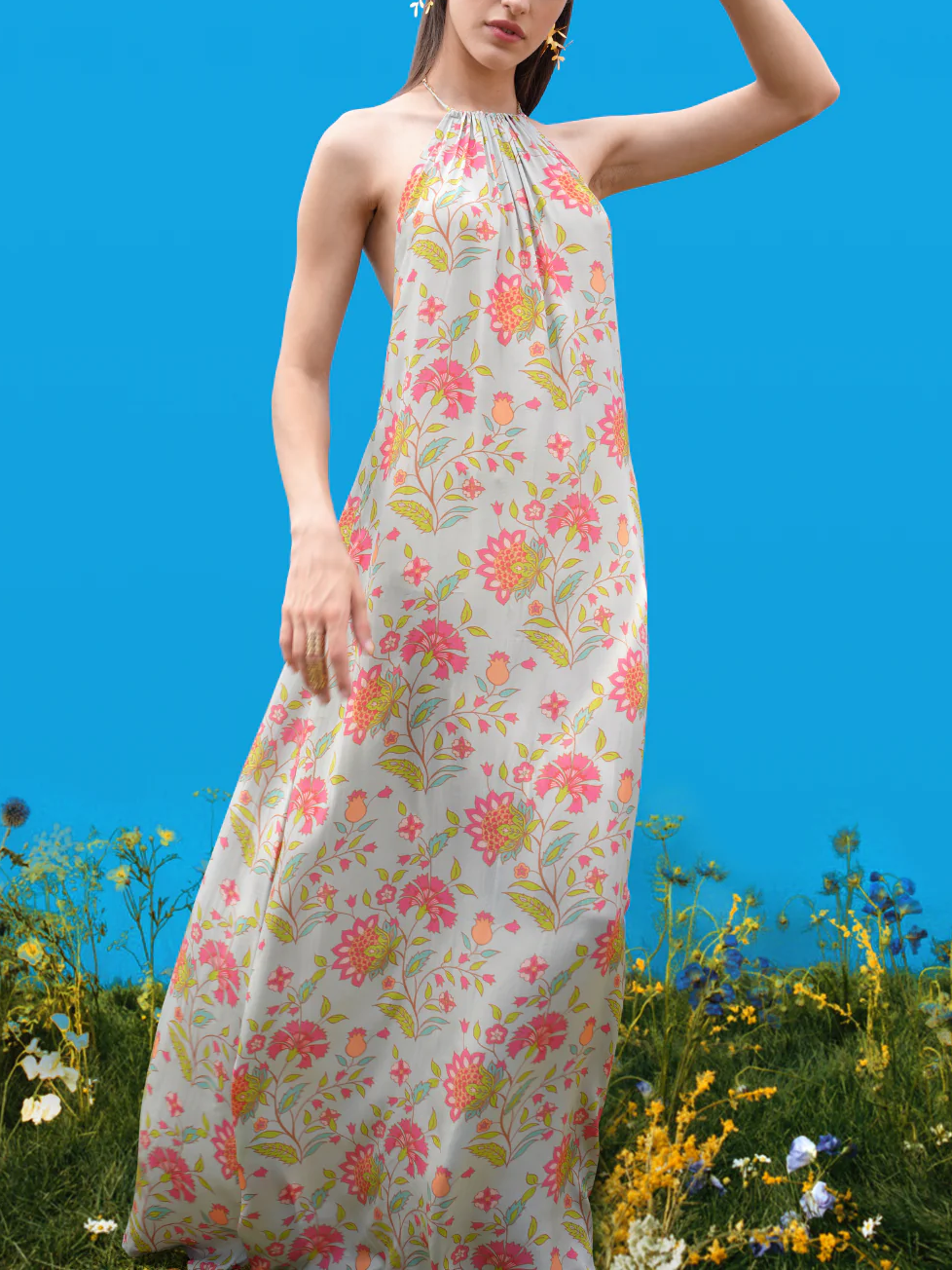 Robe longue dos nu à imprimés dessinés à la main