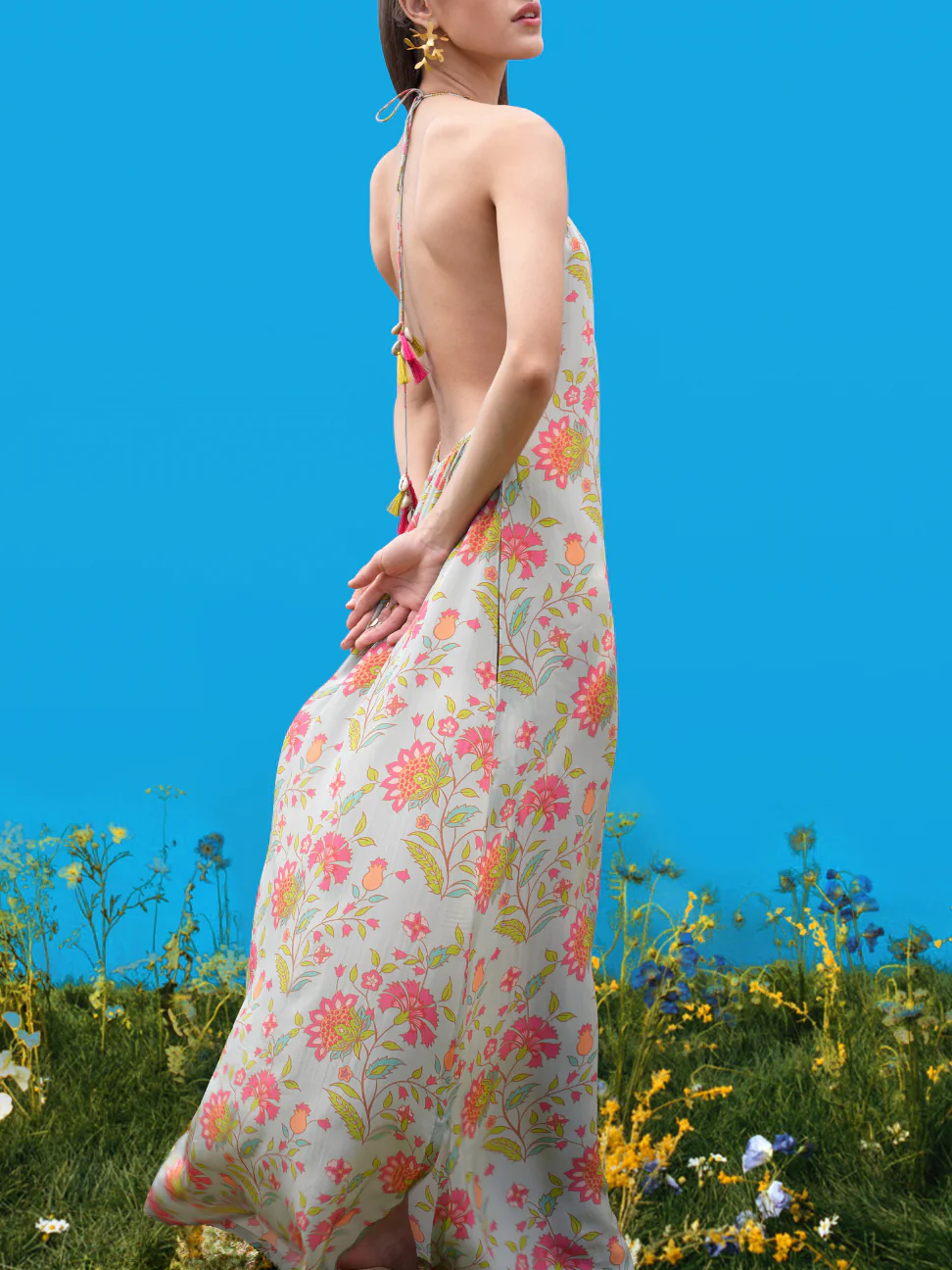 Robe longue dos nu à imprimés dessinés à la main