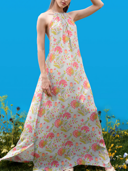 Robe longue dos nu à imprimés dessinés à la main