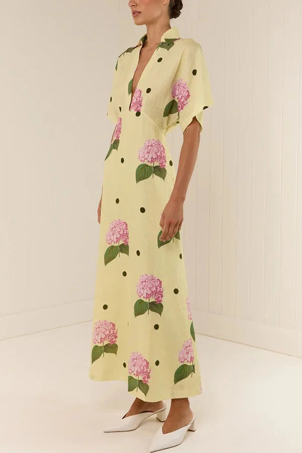 Robe longue chemise manches larges à imprimé pois et fleurs en lin mélangé Jasmine